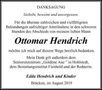 Traueranzeige von Ottomar Hendrich von Mitteldeutsche Zeitung Sangerhausen