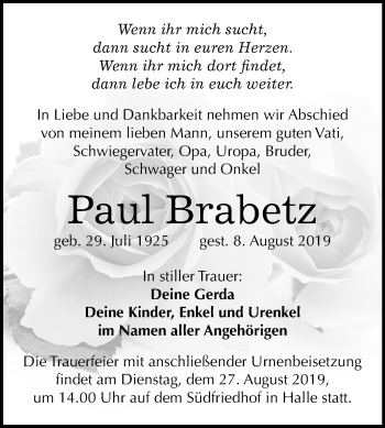 Traueranzeige von Paul Brabetz von Mitteldeutsche Zeitung Halle/Saalkreis
