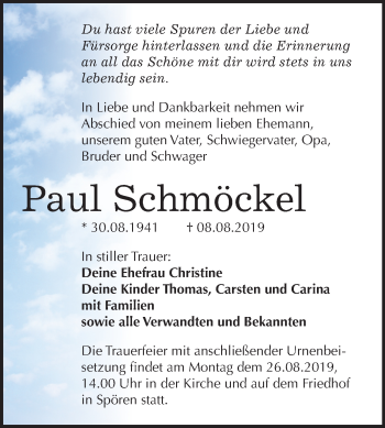 Traueranzeige von Paul Schmöckel von Wochenspiegel Bitterfeld