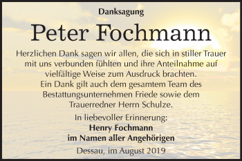 Traueranzeige von Peter Fochmann von Super Sonntag Dessau-Roßlau