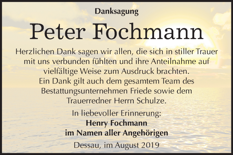  Traueranzeige für Peter Fochmann vom 31.08.2019 aus Super Sonntag Dessau-Roßlau