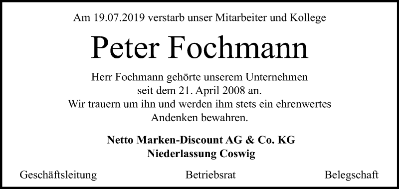  Traueranzeige für Peter Fochmann vom 01.08.2019 aus Mitteldeutsche Zeitung Dessau-Roßlau