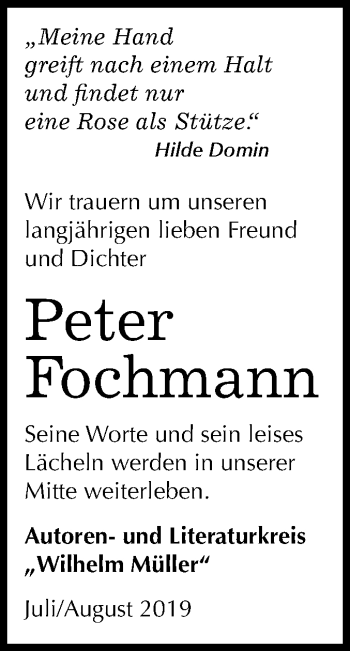 Traueranzeige von Peter Fochmann von Mitteldeutsche Zeitung Dessau-Roßlau