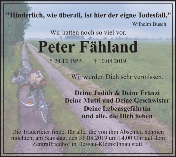 Traueranzeige von Peter Fähland von Mitteldeutsche Zeitung Dessau-Roßlau