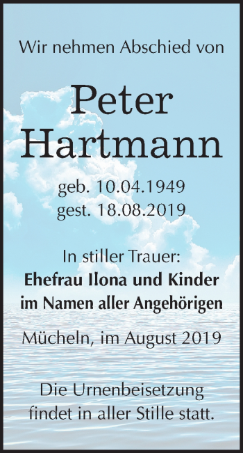 Traueranzeige von Peter Hartmann von Super Sonntag Merseburg/Querfurt