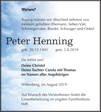 Traueranzeige von Peter Henning von Mitteldeutsche Zeitung Wittenberg