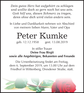 Traueranzeige von Peter Kumke von Super Sonntag Wittenberg