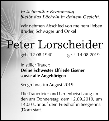 Traueranzeige von Peter Lorscheider von Super Sonntag Wittenberg