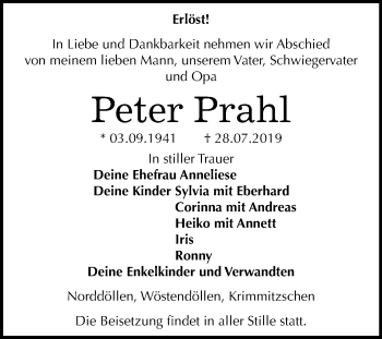 Traueranzeige von Peter Prahl von Super Sonntag Zeitz