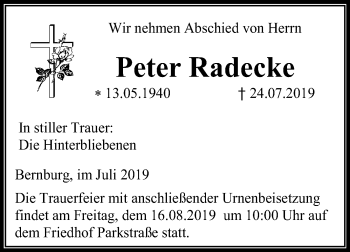 Traueranzeige von Peter Radecke von Mitteldeutsche Zeitung Bernburg
