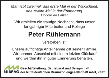 Traueranzeige von Peter Rühlemann von Super Sonntag Zeitz