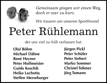 Traueranzeige von Peter Rühlemann von Mitteldeutsche Zeitung Zeitz