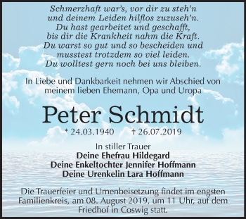 Traueranzeige von Peter Schmidt von Mitteldeutsche Zeitung Wittenberg