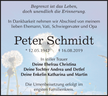 Traueranzeige von Peter Schmidt von Wochenspiegel Bitterfeld