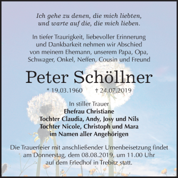 Traueranzeige von Peter Schöllner von Super Sonntag Bernburg