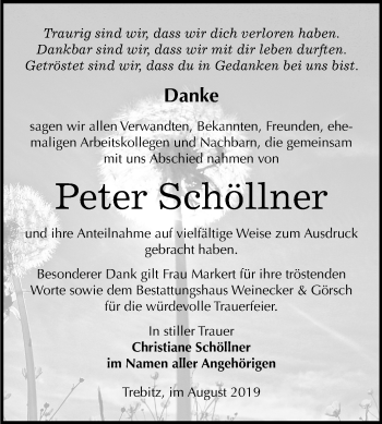 Traueranzeige von Peter Schöllner von Mitteldeutsche Zeitung Bernburg