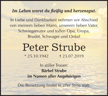 Traueranzeige von Peter Strube von Super Sonntag Dessau-Roßlau