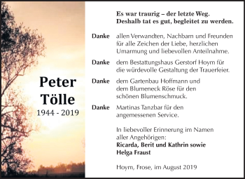 Traueranzeige von Peter Tölle von Mitteldeutsche Zeitung Aschersleben