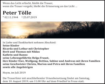 Traueranzeige von Peter Tölle von Super Sonntag Aschersleben