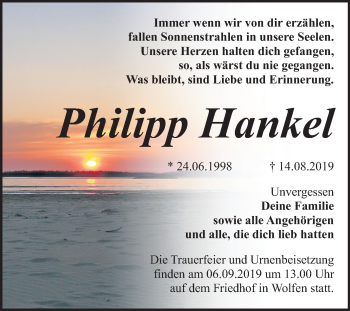 Traueranzeige von Philipp Hankel von Wochenspiegel Bitterfeld
