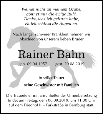 Traueranzeige von Rainer Bahn von Super Sonntag Bernburg