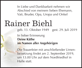 Traueranzeige von Rainer Biehl von Mitteldeutsche Zeitung Halle/Saalkreis