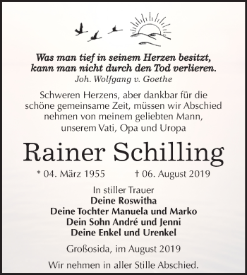 Traueranzeige von Rainer Schilling von Super Sonntag Zeitz