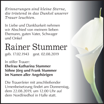 Traueranzeige von Rainer Stummer von Mitteldeutsche Zeitung Halle/Saalkreis