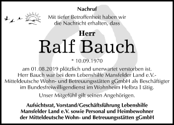 Traueranzeige von Ralf Bauch von Mitteldeutsche Zeitung Mansfelder Land