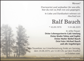Traueranzeige von Ralf Bauch von Mitteldeutsche Zeitung Mansfelder Land