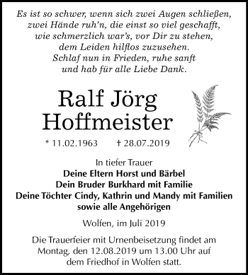 Traueranzeige von Ralf Jörg Hoffmeister von Wochenspiegel Bitterfeld