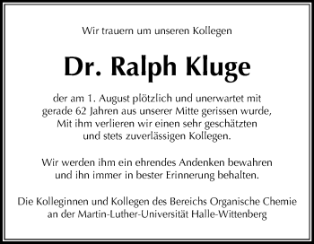 Traueranzeige von Ralph Kluge von Mitteldeutsche Zeitung Halle/Saalkreis / Weißenfels