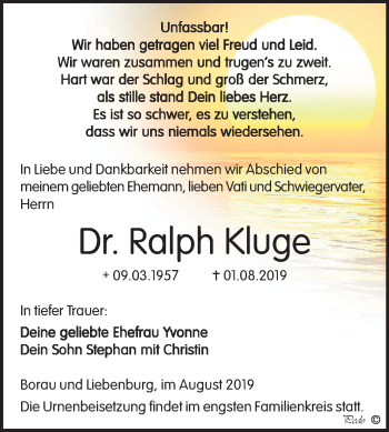 Traueranzeige von Ralph Kluge von Mitteldeutsche Zeitung Halle/Saalkreis