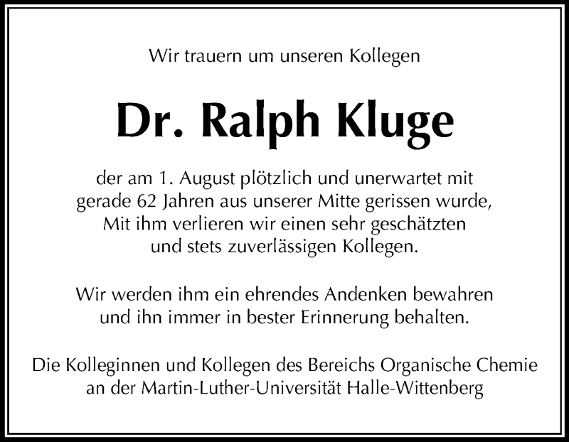  Traueranzeige für Ralph Kluge vom 20.08.2019 aus Mitteldeutsche Zeitung Halle/Saalkreis / Weißenfels