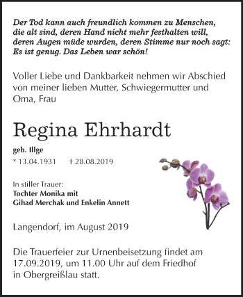 Traueranzeige von Regina Ehrhardt von Mitteldeutsche Zeitung Weißenfels