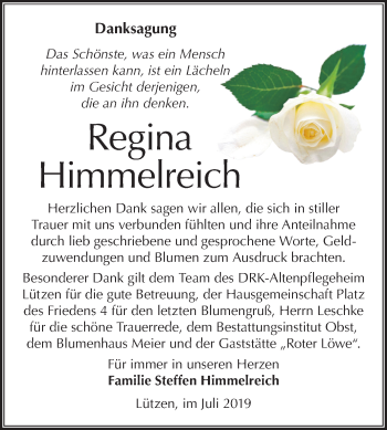 Traueranzeige von Regina Himmelreich von Mitteldeutsche Zeitung Weißenfels