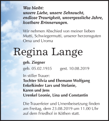 Traueranzeige von Regina Lange von Mitteldeutsche Zeitung Köthen