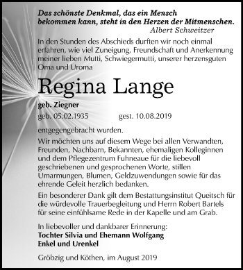 Traueranzeige von Regina Lange von Super Sonntag Köthen