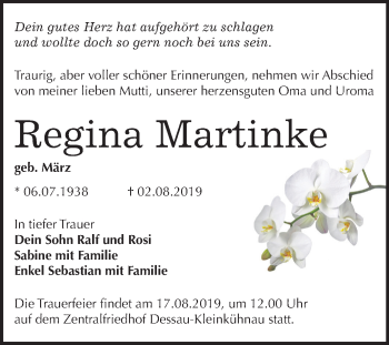Traueranzeige von Regina Martinke von Mitteldeutsche Zeitung Dessau-Roßlau