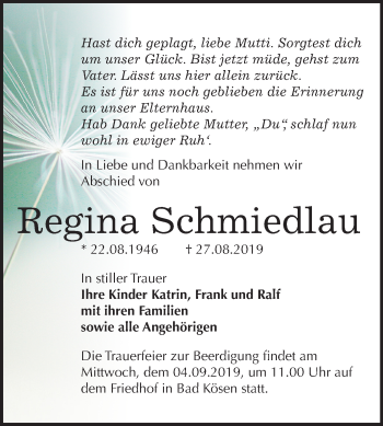 Traueranzeige von Regina Schmiedlau von Super Sonntag Naumburg/Nebra