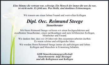 Traueranzeige von Reimund Steege von Mitteldeutsche Zeitung Quedlinburg