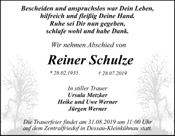 Traueranzeige von Reiner Schulze von Super Sonntag Dessau-Roßlau