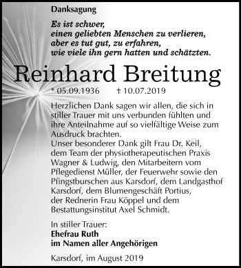 Traueranzeige von Reinhard Breitung von Wochenspiegel Naumburg/Nebra