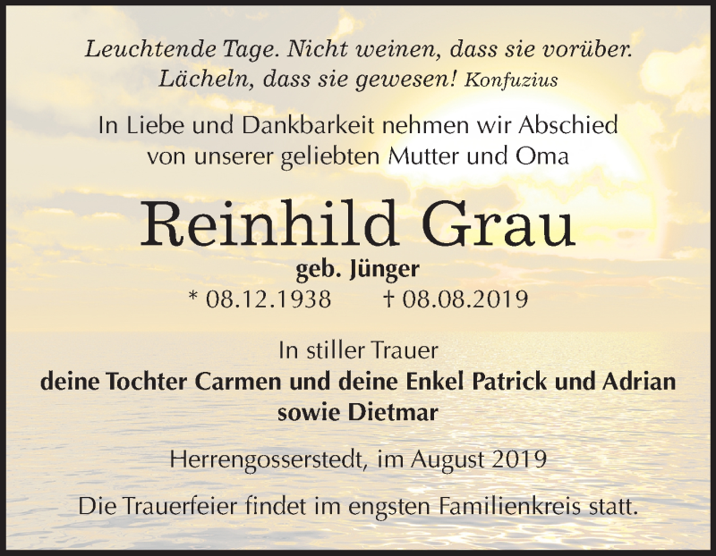  Traueranzeige für Reinhild Grau vom 21.08.2019 aus Wochenspiegel Naumburg/Nebra