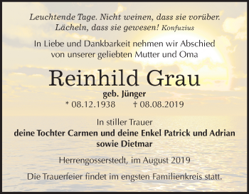Traueranzeige von Reinhild Grau von Wochenspiegel Naumburg/Nebra