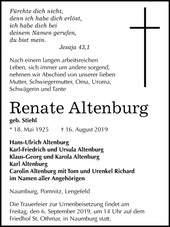 Traueranzeige von Renate Altenburg von Wochenspiegel Naumburg/Nebra