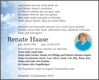 Traueranzeige von Renate Haase von Mitteldeutsche Zeitung Weißenfels