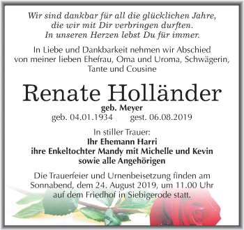 Traueranzeige von Renate Holländer von Mitteldeutsche Zeitung Mansfelder Land