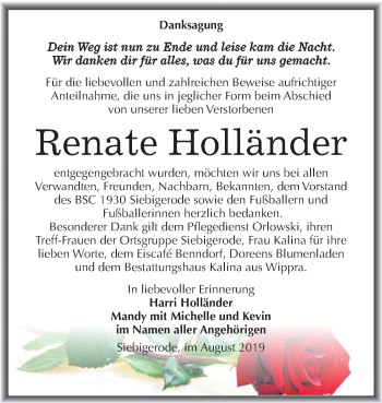 Traueranzeige von Renate Holländer von Super Sonntag Mansfelder Land