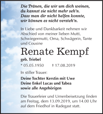 Traueranzeige von Renate Kempf von Mitteldeutsche Zeitung Köthen